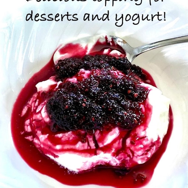 Organic Mulberry Topping - decadent whole berry wild preserve thin jam for dessert or yogurt