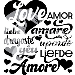 Op de afbeelding: Zwart-wit grafisch ontwerp met het woord "Love" in een hartvorm en de woorden "amor", "amare", "liebe", "dragoste", "yêu", "upendo", "liefde" en "amore" rondom het hart.