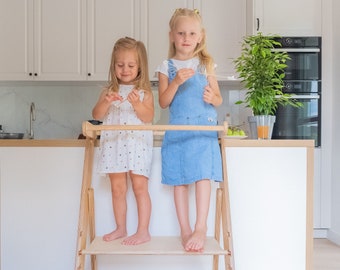 Double helper tower, Montessori kitchen tower, Personalized kids furniture, Adjustable helper ladder, Wooden activity tower for 2