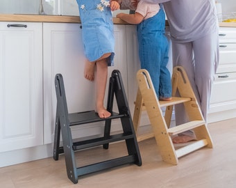 Natural Folding Kitchen Step stool, Super Foldable Tower, Adjustable Height Helper Stool, Toddler Safety Stool, Learning Stool