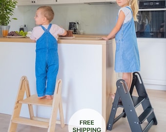 Wooden Kids Step Stool: Adjustable Kitchen Help Ladder