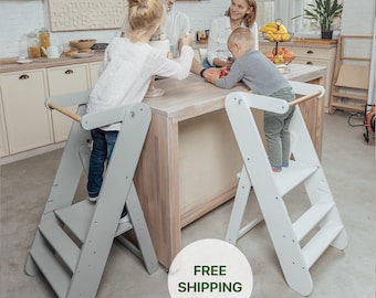 Adjustable Birch Plywood Kitchen Tower Stool: Montessori Kid Step Ladder