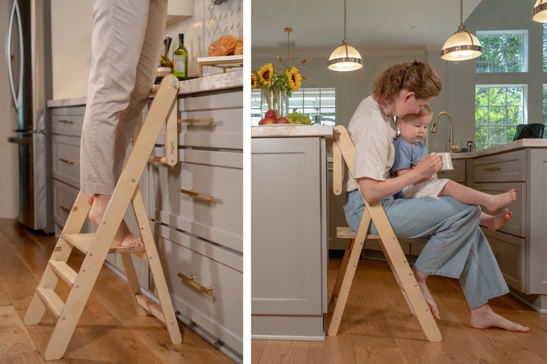 Foldable Toddler Kitchen Tower. Convertible Learning Stool, Foldable kitchen tower, Counter stool for toddler, toddler wooden helper tower. image 3