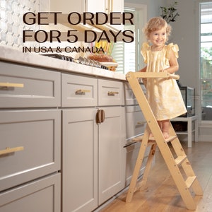 Fold kitchen stool, wood high help tower, slim foldable kitchen tower, adjust toddler tower, convertible kids furniture image 1