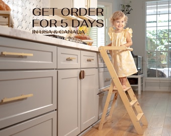 Fold kitchen stool, wood high help tower, slim foldable kitchen tower, adjust toddler tower, convertible kids furniture