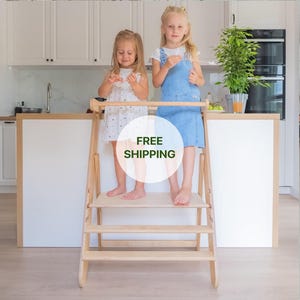 Double Montessori Kitchen Tower: Adjustable Wooden Activity Ladder