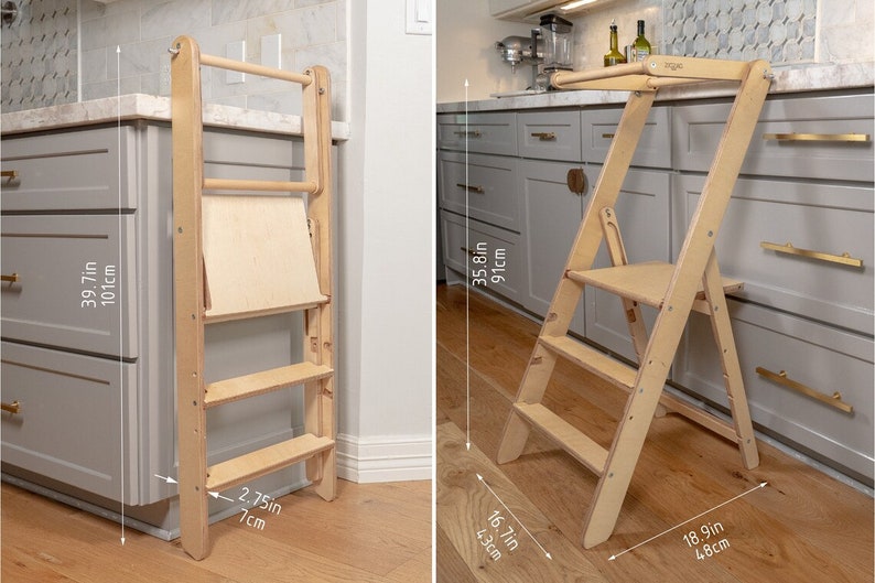 Fold kitchen stool, wood high help tower, slim foldable kitchen tower, adjust toddler tower, convertible kids furniture image 6
