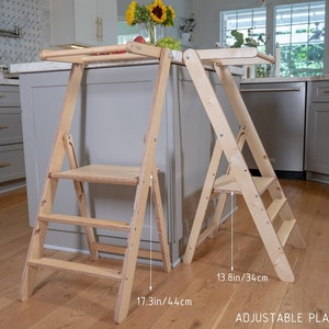 Fold kitchen stool, wood high help tower, slim foldable kitchen tower, adjust toddler tower, convertible kids furniture image 5