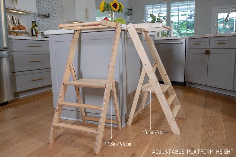 Fold kitchen stool, wood high help tower, slim foldable kitchen tower, adjust toddler tower, convertible kids furniture image 5