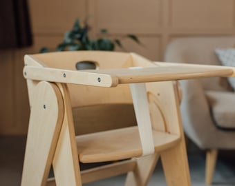 Handmade Wooden High Chair: Natural Wood Baby Feeding Seat with Adjustable Footrest  and Safety Straps