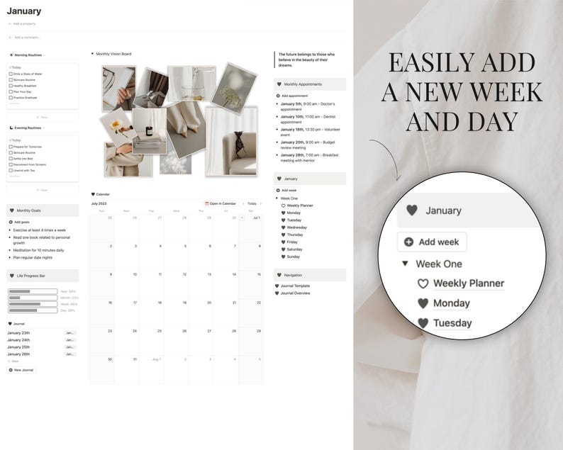 Puede incluir: Interfaz de planificador digital que muestra el mes de enero. La interfaz incluye un calendario, un tablero de visi&oacute;n y opciones para agregar una nueva semana y un d&iacute;a. El texto en la pantalla dice "EASILY ADD A NEW WEEK AND DAY."