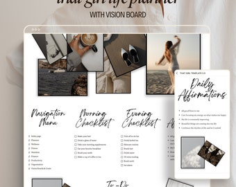 Può includere: Un modello di planner digitale con un vision board, affermazioni quotidiane e liste di controllo per le routine del mattino e della sera. Il modello è progettato per l'impostazione degli obiettivi e l'auto-cura.