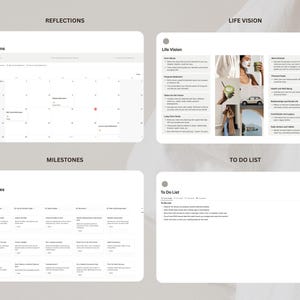 May include: A digital planner with four sections: Reflections, Milestones, Life Vision, and To Do List. The Reflections section is a calendar with a pink dot on the 15th. The Milestones section is a grid with text in each cell. The Life Vision section has text and images. The To Do List section has text and a list of tasks.