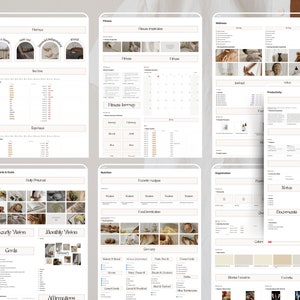 May include: A printable digital planner with sections for finance, fitness, wellness, productivity, and organization. The planner features a minimalist aesthetic with a neutral color palette and a grid layout.