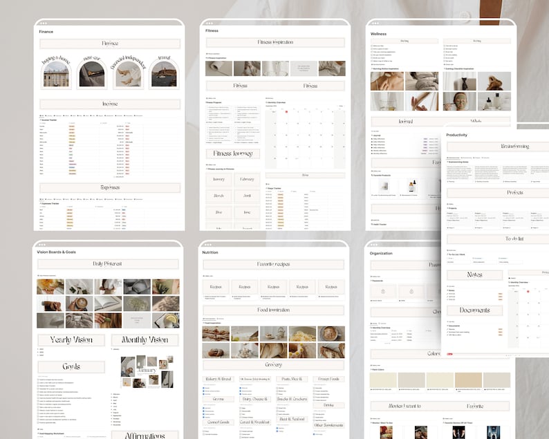 May include: A printable digital planner with sections for finance, fitness, wellness, productivity, and organization. The planner features a minimalist aesthetic with a neutral color palette and a grid layout.
