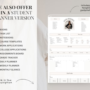 May include: A digital planner template for students, featuring a minimalist design with a light brown and white color scheme. The planner includes sections for daily, weekly, and monthly planning, as well as a section for assignments, grades, and notes. The template is customizable and can be used in Canva.