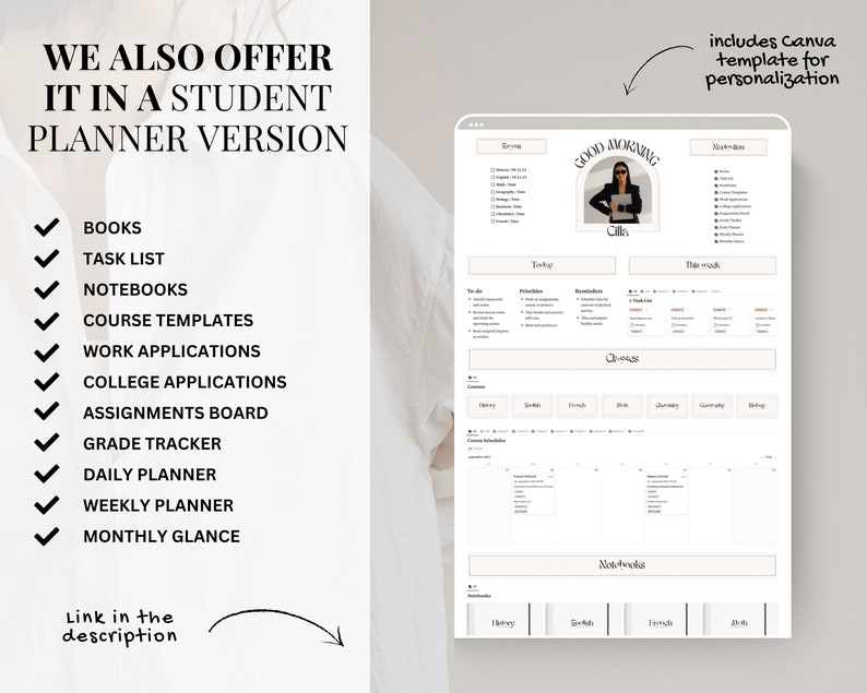 May include: A digital planner template for students, featuring a minimalist design with a light brown and white color scheme. The planner includes sections for daily, weekly, and monthly planning, as well as a section for assignments, grades, and notes. The template is customizable and can be used in Canva.