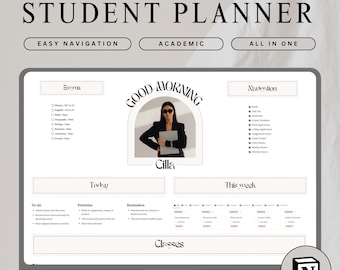May include: A computer screen displaying a Notion template for a student planner. The template is designed to help students organize their academic life, including exams, to-do lists, priorities, reminders, and classes. The template features a light background with a minimalist design and a photo of a woman in the top right corner.