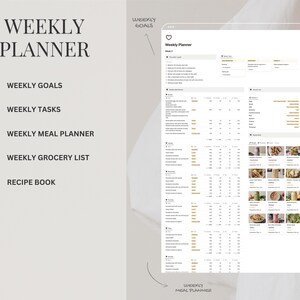Puede incluir: Un planificador semanal digital que se muestra en una tableta. El planificador incluye secciones para objetivos semanales, tareas, planificaci&oacute;n de comidas, listas de compras y un libro de recetas. El dise&ntilde;o es minimalista.