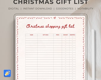 Puede incluir: Una lista de compras de Navidad imprimible para las aplicaciones Goodnotes y Notability. La lista tiene columnas para el nombre, las ideas de regalos, el precio, comprado y envuelto. La lista está diseñada para iPad y tableta.