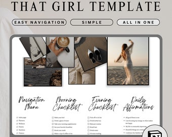 Può includere: Uno schermo di computer che mostra un modello Notion intitolato "That Girl Template". Il modello è diviso in quattro sezioni: Menu di navigazione, Lista di controllo del mattino, Lista di controllo della sera e Affermazioni quotidiane. Ogni sezione contiene un elenco di attività o affermazioni.