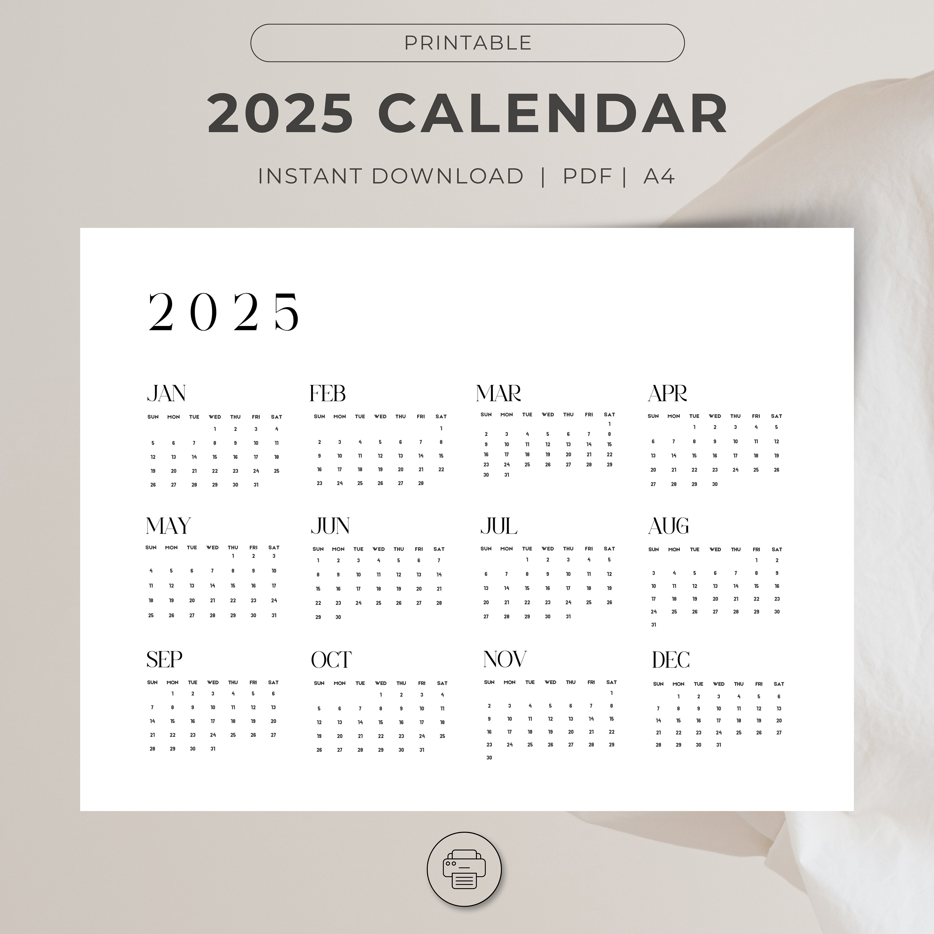 Minimalist landscape A4 2025 calendar printable with Sunday start and instant download Aesthetic 2025 wall calendar and desk calendar