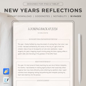 May include: A printable digital planner page with the title "Looking Back at 2024" and the headings "Highlights", "My Favorite Thing That Happened This Year", "What I'm Most Proud Of", and "Lessons I Learned".