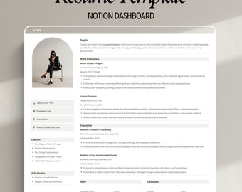 Lebenslauf Vorlage anpassbarer digitaler Download professioneller Lebenslauf personalisiertes modernes minimalistisches Design druckbare Notion Dashboard