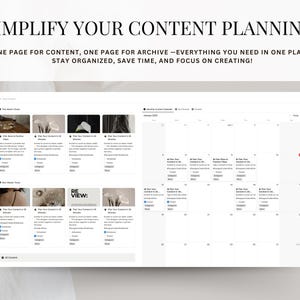 May include: A screenshot of a website showing a content planning calendar. The calendar is divided into days and weeks, and each day has a space for a content idea. The website also includes a section for content ideas, with a list of ideas and a space for notes. The text on the website says "Simplify Your Content Planning" and "One page for content, one page for archive - everything you need in one place. Stay organized, save time, and focus on creating!"