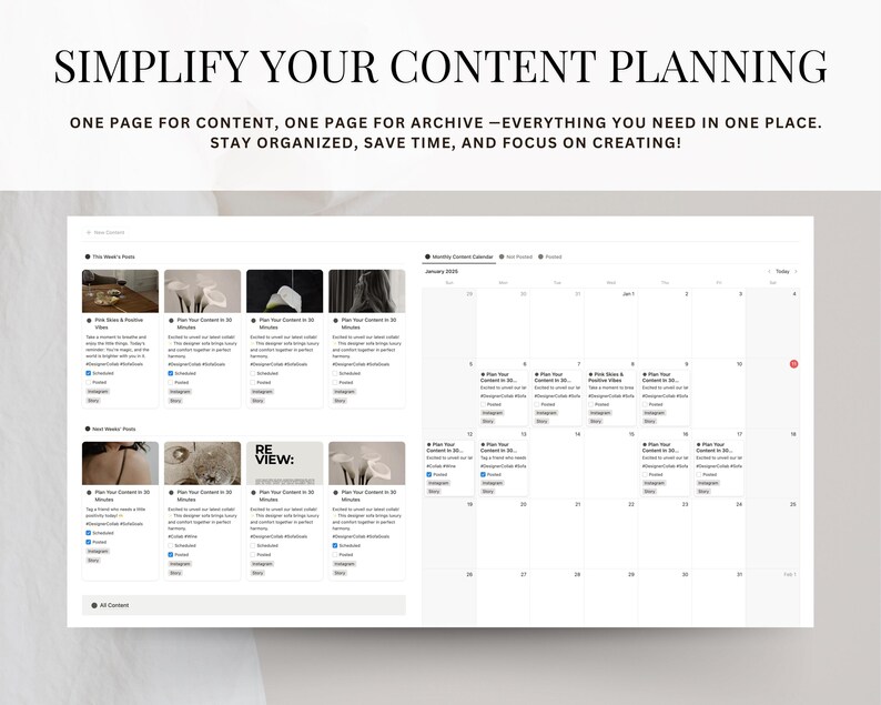 May include: A screenshot of a website showing a content planning calendar. The calendar is divided into days and weeks, and each day has a space for a content idea. The website also includes a section for content ideas, with a list of ideas and a space for notes. The text on the website says "Simplify Your Content Planning" and "One page for content, one page for archive - everything you need in one place. Stay organized, save time, and focus on creating!"