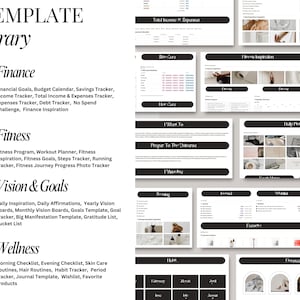 May include: A digital planner template library with categories for finance, fitness, vision and goals, wellness, and inspiration. The templates are designed with a minimalist aesthetic and feature black and white text on a white background.