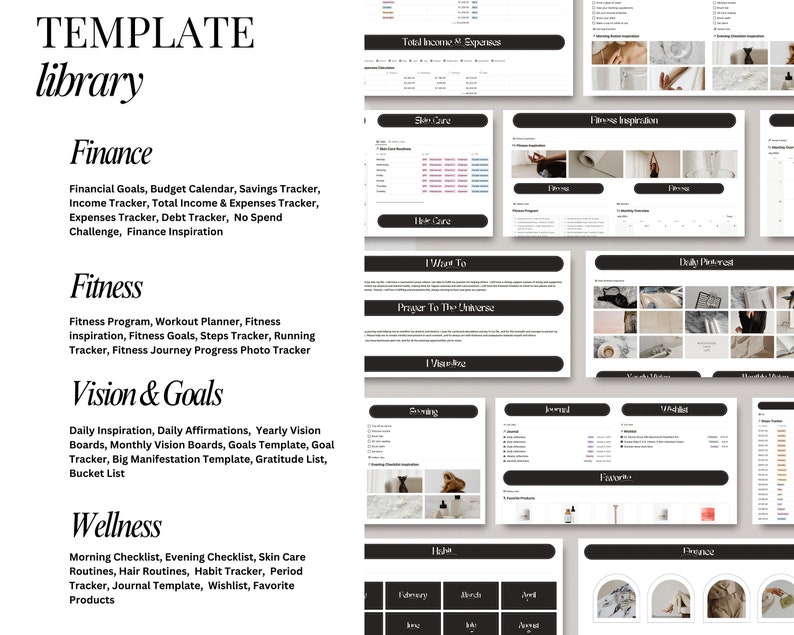 May include: A digital planner template library with categories for finance, fitness, vision and goals, wellness, and inspiration. The templates are designed with a minimalist aesthetic and feature black and white text on a white background.