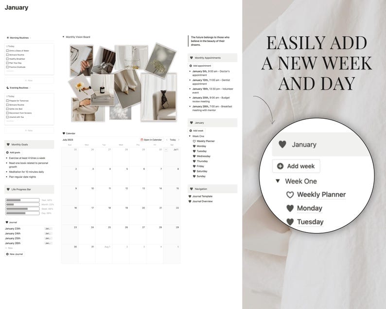 K&ouml;nnte beinhalten: Ein digitaler Planer mit einem Kalender f&uuml;r Januar. Der Planer enth&auml;lt Abschnitte f&uuml;r monatliche Ziele, eine Lebensfortschrittsleiste, Morgen- und Abendroutinen sowie ein monatliches Vision Board. Der Planer enth&auml;lt auch einen Abschnitt f&uuml;r den Wochenplaner, Montag und Dienstag.