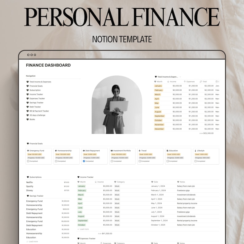 Notion money tracker template for monitoring income expenses and budget goals
