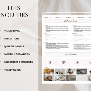 May include: A digital planner with a white background and black text. The planner includes sections for vision board, reflections, quarterly goals, monthly breakdown, milestones and memories, and yearly goals. The planner also includes a section for quarterly goals with four columns labelled Q1, Q2, Q3, and Q4.