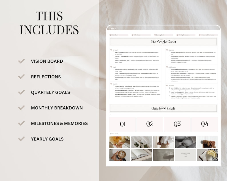 May include: A digital planner with a white background and black text. The planner includes sections for vision board, reflections, quarterly goals, monthly breakdown, milestones and memories, and yearly goals. The planner also includes a section for quarterly goals with four columns labelled Q1, Q2, Q3, and Q4.