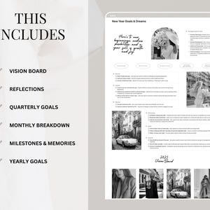 Puede incluir: Un planificador imprimible en blanco y negro con el texto "New Year Goals & Dreams" y "2025 Vision Board". El planificador incluye secciones para el tablero de visi&oacute;n, reflexiones, objetivos trimestrales, desglose mensual, hitos y recuerdos, y objetivos anuales.