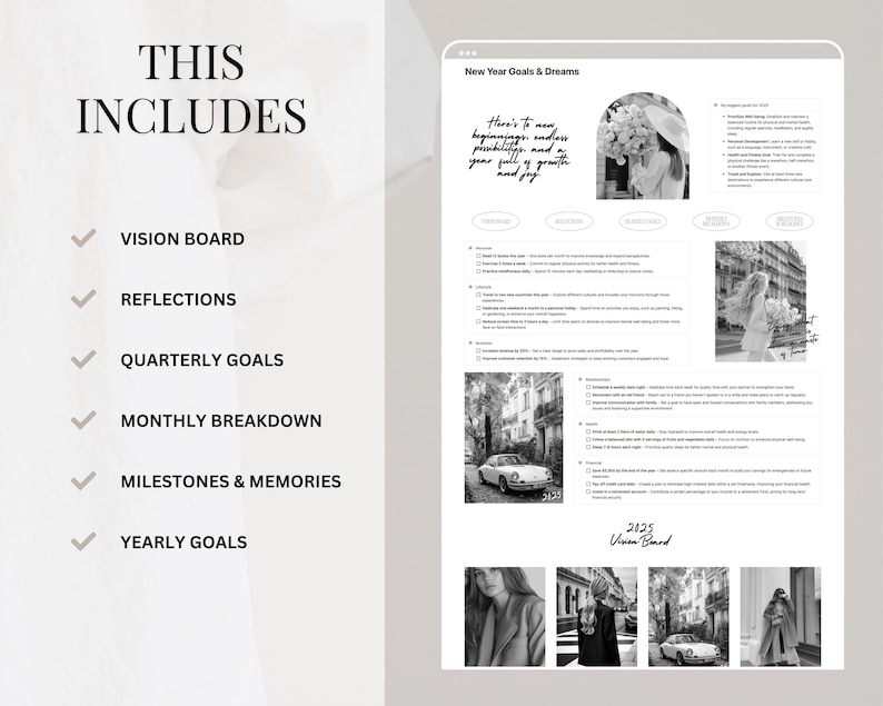 Puede incluir: Un planificador imprimible en blanco y negro con el texto "New Year Goals & Dreams" y "2025 Vision Board". El planificador incluye secciones para el tablero de visi&oacute;n, reflexiones, objetivos trimestrales, desglose mensual, hitos y recuerdos, y objetivos anuales.