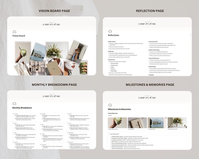 May include: A printable vision board, monthly breakdown, reflection, and milestones and memories page template. The pages are designed with a minimalist aesthetic and feature a cloud icon and the text "a new era of me".
