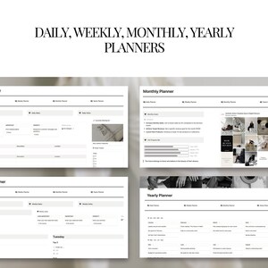 Puede incluir: Un conjunto de cuatro plantillas de planificador imprimibles para la planificaci&oacute;n diaria, semanal, mensual y anual. Las plantillas est&aacute;n dise&ntilde;adas en un estilo minimalista con fondo blanco y texto negro.