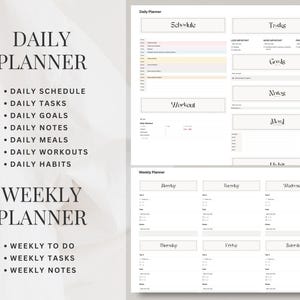 May include: A printable daily and weekly planner with sections for schedule, tasks, goals, notes, workout, mood, and habits. The planner is designed in a minimalist style with black text on a white background.
