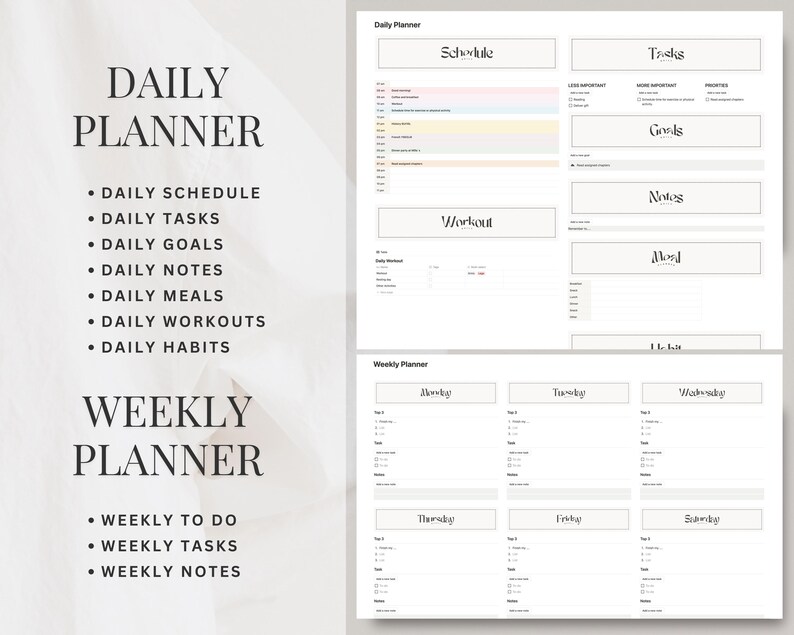 May include: A printable daily and weekly planner with sections for schedule, tasks, goals, notes, workout, mood, and habits. The planner is designed in a minimalist style with black text on a white background.