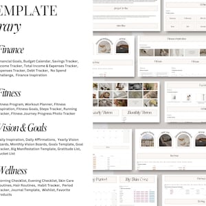 May include: A digital template library with categories for finance, fitness, vision and goals, and wellness. Each category has a list of printable templates, such as budget calendars, workout planners, vision boards, and habit trackers.