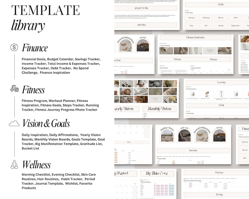 May include: A digital template library with categories for finance, fitness, vision and goals, and wellness. Each category has a list of printable templates, such as budget calendars, workout planners, vision boards, and habit trackers.