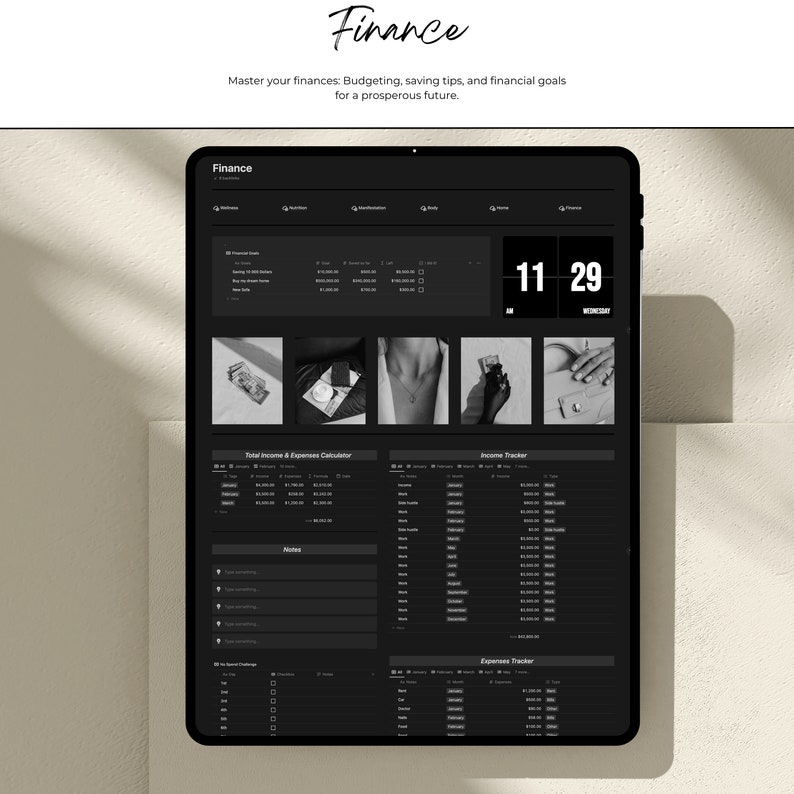 May include: A black and white image of a computer screen displaying a finance app. The app has sections for income, expenses, and notes. The date is displayed as 11/29.