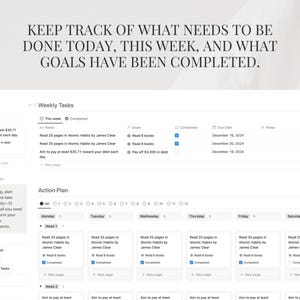 May include: A weekly planner with a white background and black text. The planner includes sections for "Due Today", "Weekly Tasks", and "Action Plan". The "Action Plan" section is a calendar grid with daily tasks listed for each day of the week. The planner is designed to help users keep track of their goals and tasks.