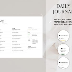 Puede incluir: Una plantilla de diario digital con fondo blanco. El diario incluye secciones para reflexiones matutinas, vespertinas y de ma&ntilde;ana. El texto de la derecha dice "DAILY JOURNAL" y "REFLECT, DOCUMENT, AND TREASURE EACH DAY'S MEMORIES AND INSIGHTS."