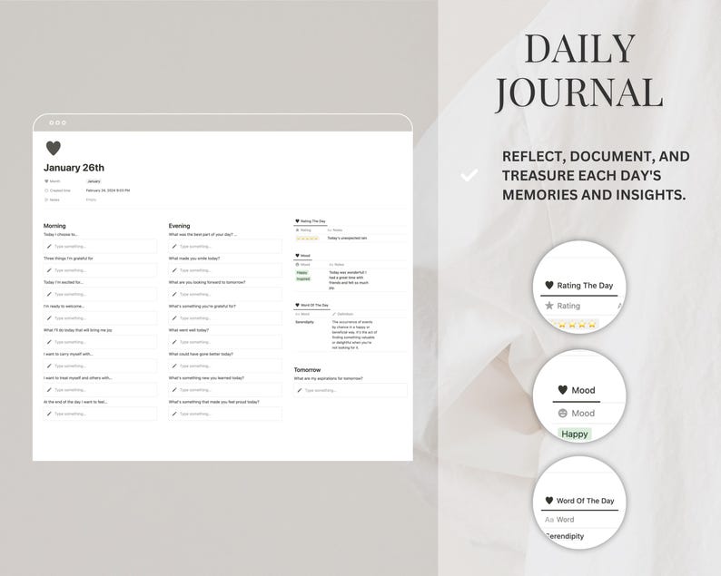 Puede incluir: Una plantilla de diario digital con fondo blanco. El diario incluye secciones para reflexiones matutinas, vespertinas y de ma&ntilde;ana. El texto de la derecha dice "DAILY JOURNAL" y "REFLECT, DOCUMENT, AND TREASURE EACH DAY'S MEMORIES AND INSIGHTS."