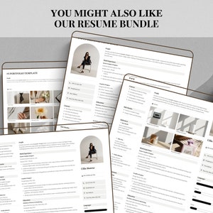 K&ouml;nnte beinhalten: Eine Sammlung von Lebenslaufvorlagen, die auf digitalen Tablets angezeigt werden. Die Lebensl&auml;ufe haben ein klares, modernes Design mit einem professionellen Layout. Der Text "YOU MIGHT ALSO LIKE OUR RESUME BUNDLE" steht oben. Die Lebensl&auml;ufe enthalten Abschnitte f&uuml;r Profil, Berufserfahrung und F&auml;higkeiten.