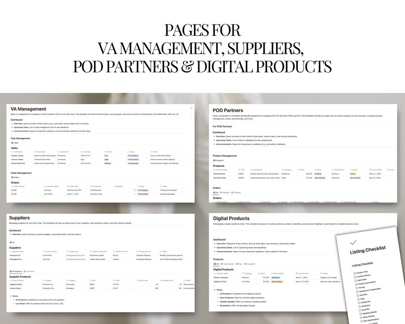 Puede incluir: Una captura de pantalla de una computadora que muestra un sitio web con p&aacute;ginas para la gesti&oacute;n de VA, proveedores, socios POD y productos digitales. Cada p&aacute;gina tiene secciones de panel de control, gesti&oacute;n de productos y gesti&oacute;n de pedidos. Tambi&eacute;n hay una lista de verificaci&oacute;n.